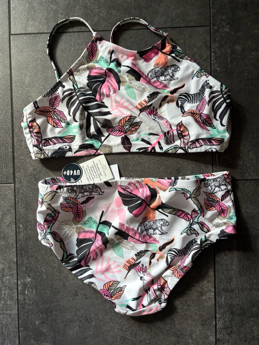 UV 40+ Girls' White Tropical Print Two-Piece Swimsuit